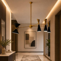 Mid Century Modern Brass Chandelier, Stilnovo Linear Ceiling Light, Black Cone Shade Pendant, Italian Sputnik Dining Room Lighting