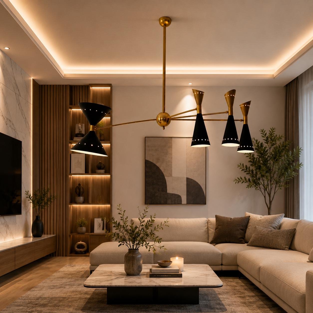 Mid Century Modern Brass Chandelier, Stilnovo Linear Ceiling Light, Black Cone Shade Pendant, Italian Sputnik Dining Room Lighting
