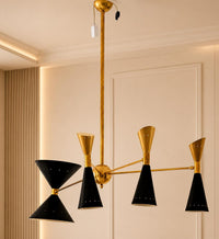 Mid Century Modern Brass Chandelier, Stilnovo Linear Ceiling Light, Black Cone Shade Pendant, Italian Sputnik Dining Room Lighting