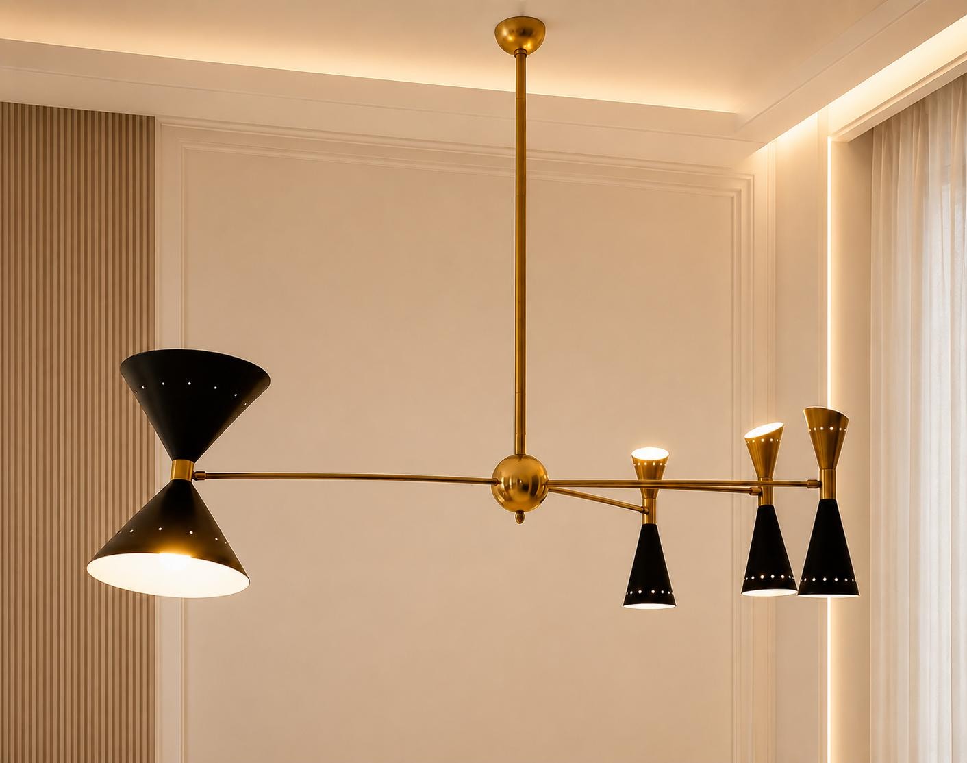Mid Century Modern Brass Chandelier, Stilnovo Linear Ceiling Light, Black Cone Shade Pendant, Italian Sputnik Dining Room Lighting