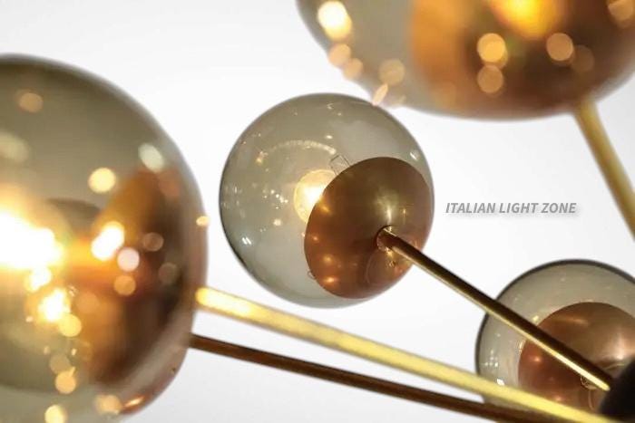 1950s Mid Century Modern Brass Smoked Glass Sputnik Chandelier | Retro Ceiling Light Pendant Lighting for Dining Room, Bedroom & Living Room