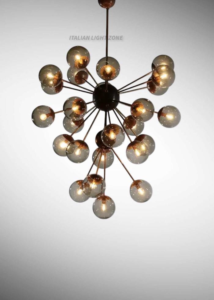 1950s Mid Century Modern Brass Smoked Glass Sputnik Chandelier | Retro Ceiling Light Pendant Lighting for Dining Room, Bedroom & Living Room