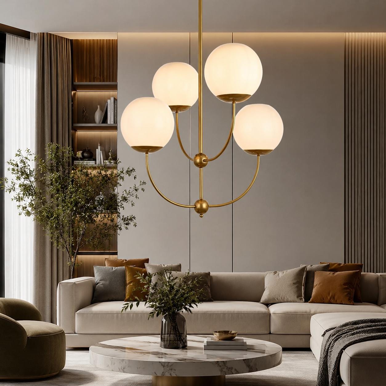 Modern Brass Chandelier, 4 Light Opal Pendant Light, Mid Century Modern Ceiling Light, Luxury Dining Room Fixture