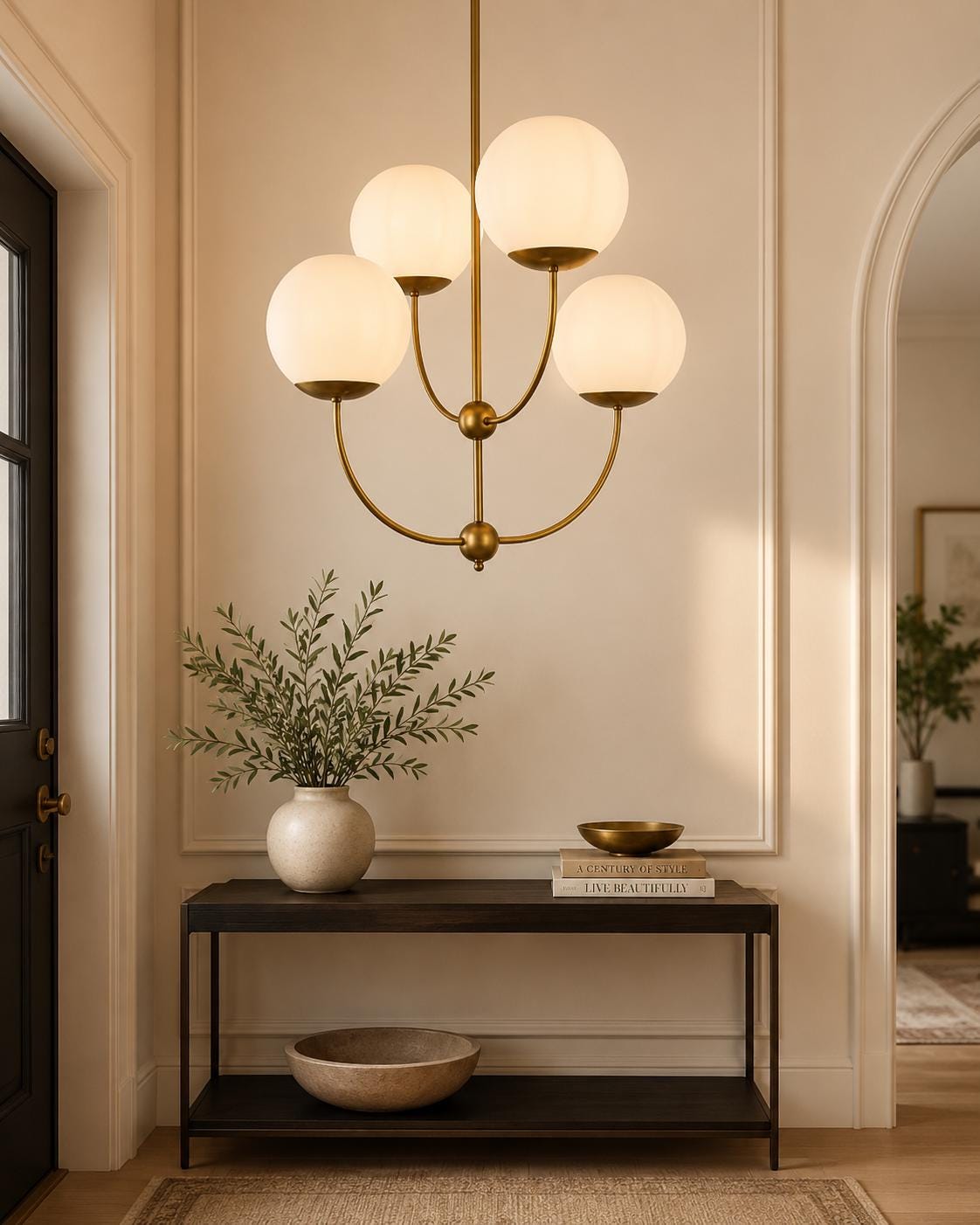 Modern Brass Chandelier, 4 Light Opal Pendant Light, Mid Century Modern Ceiling Light, Luxury Dining Room Fixture
