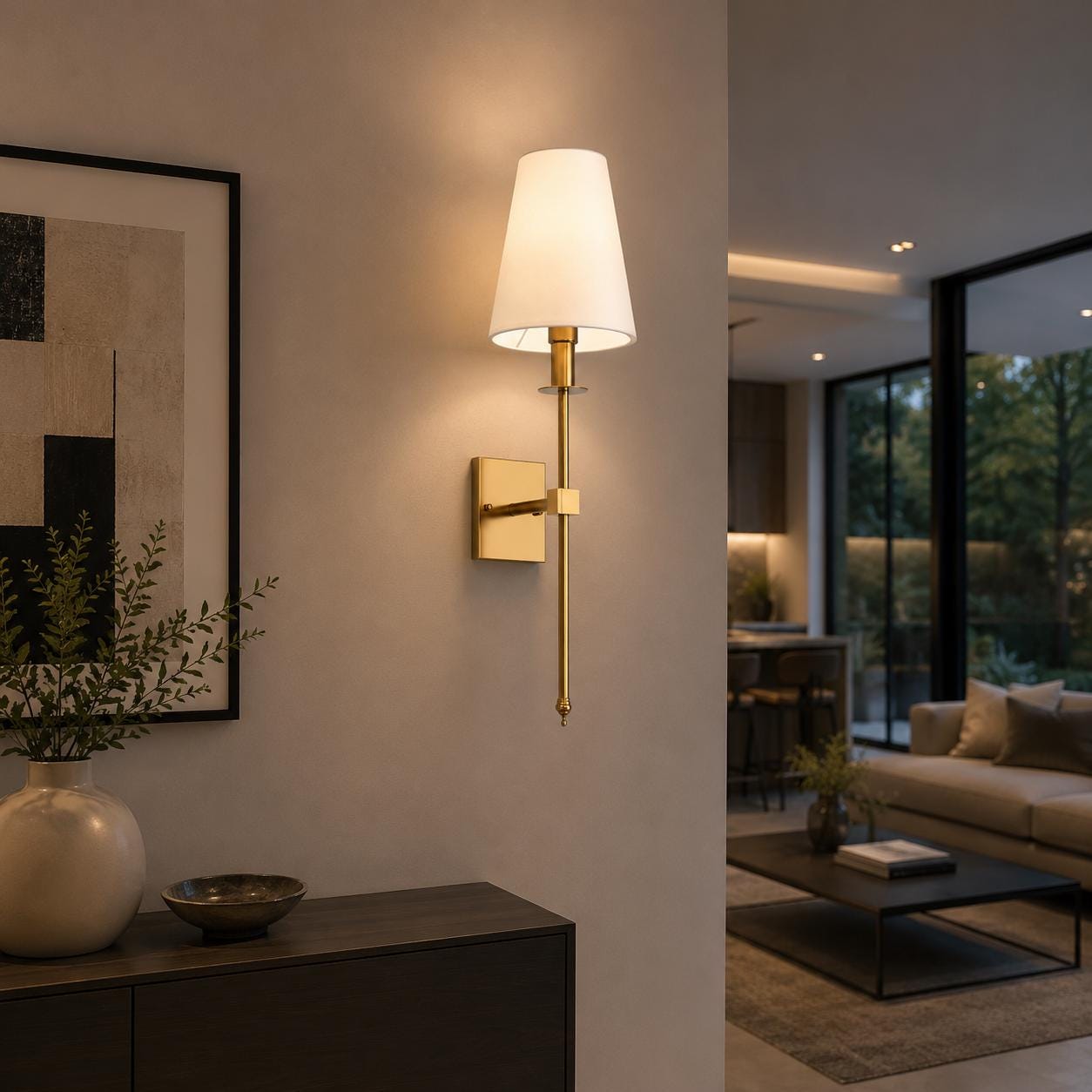 Modern Brass Wall Sconce with Fabric Shade, Mid Century Wall Lamp, Bedroom Bedside Light, Luxury Hotel Wall Lighting Fixture