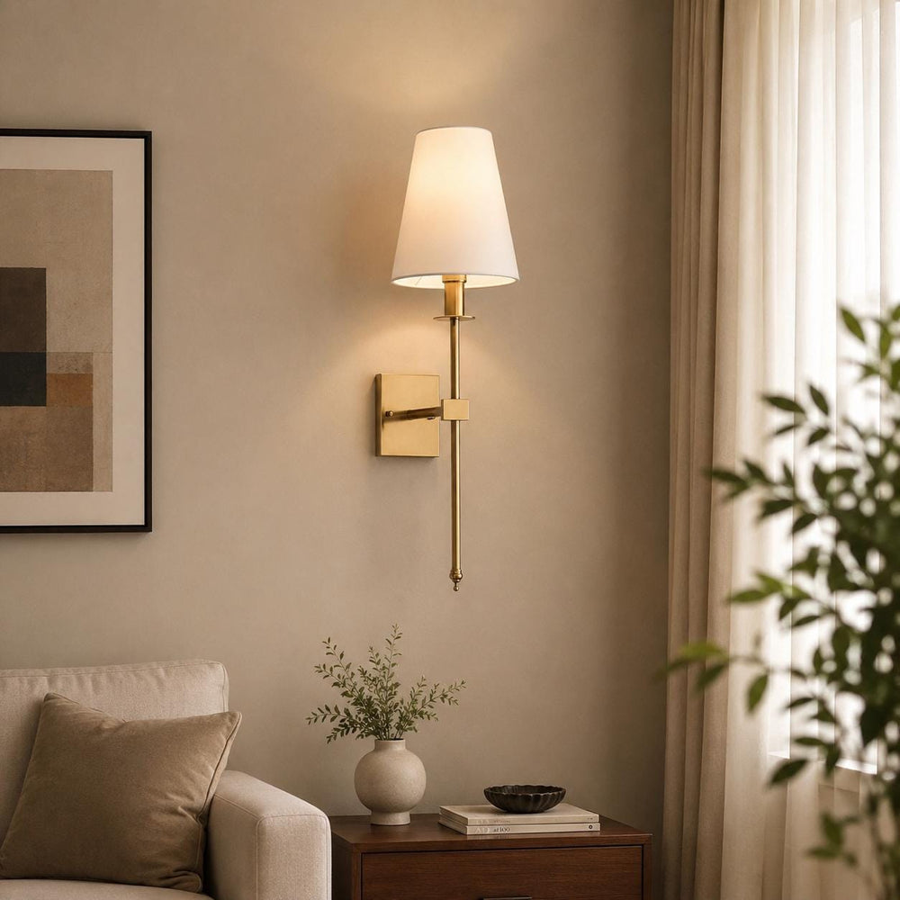 Modern Brass Wall Sconce with Fabric Shade, Mid Century Wall Lamp, Bedroom Bedside Light, Luxury Hotel Wall Lighting Fixture