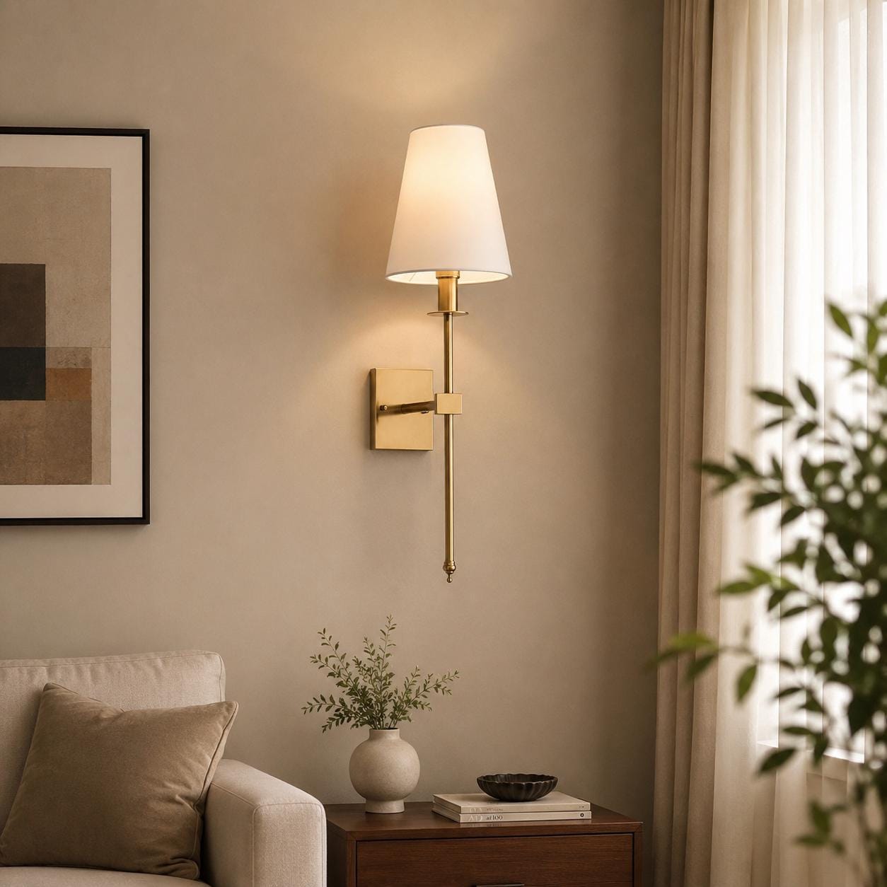 Modern Brass Wall Sconce with Fabric Shade, Mid Century Wall Lamp, Bedroom Bedside Light, Luxury Hotel Wall Lighting Fixture