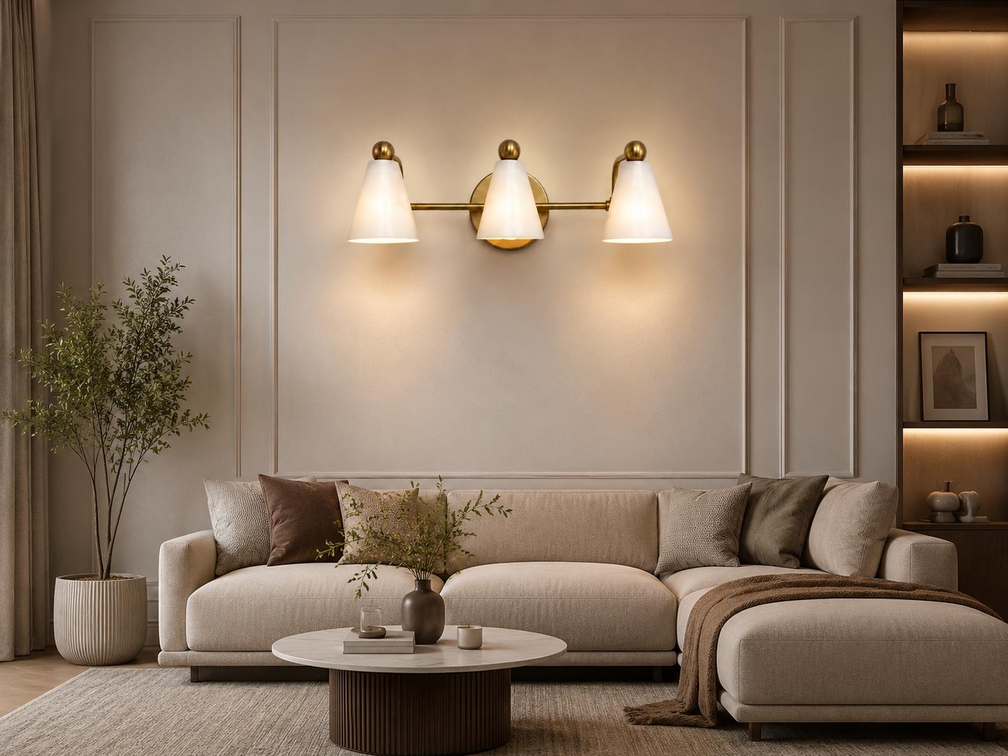 Modern Brass 3 Light Vanity Light, Mid Century Bathroom Wall Sconce, White alabaster Shade Fixture, Powder Room Lighting