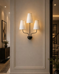 Mid Century Modern 3 Light Wall Sconce, Black Wall Lamp with White Shades, Scandinavian Bedroom Hallway Living Room Lighting
