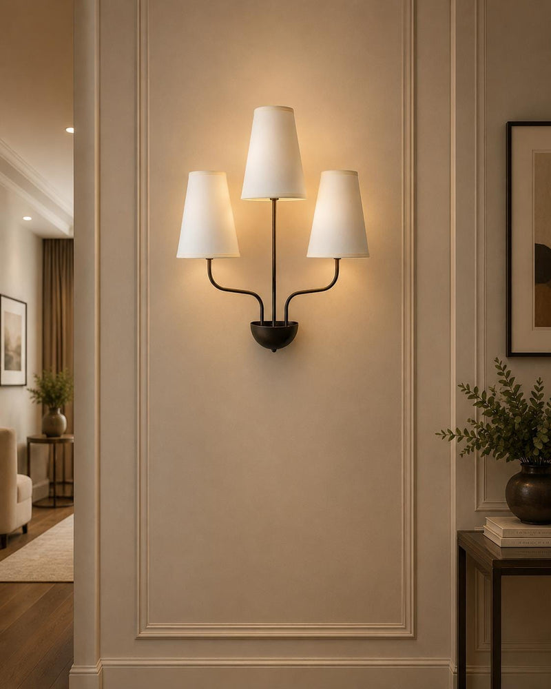 Mid Century Modern 3 Light Wall Sconce, Black Wall Lamp with White Shades, Scandinavian Bedroom Hallway Living Room Lighting