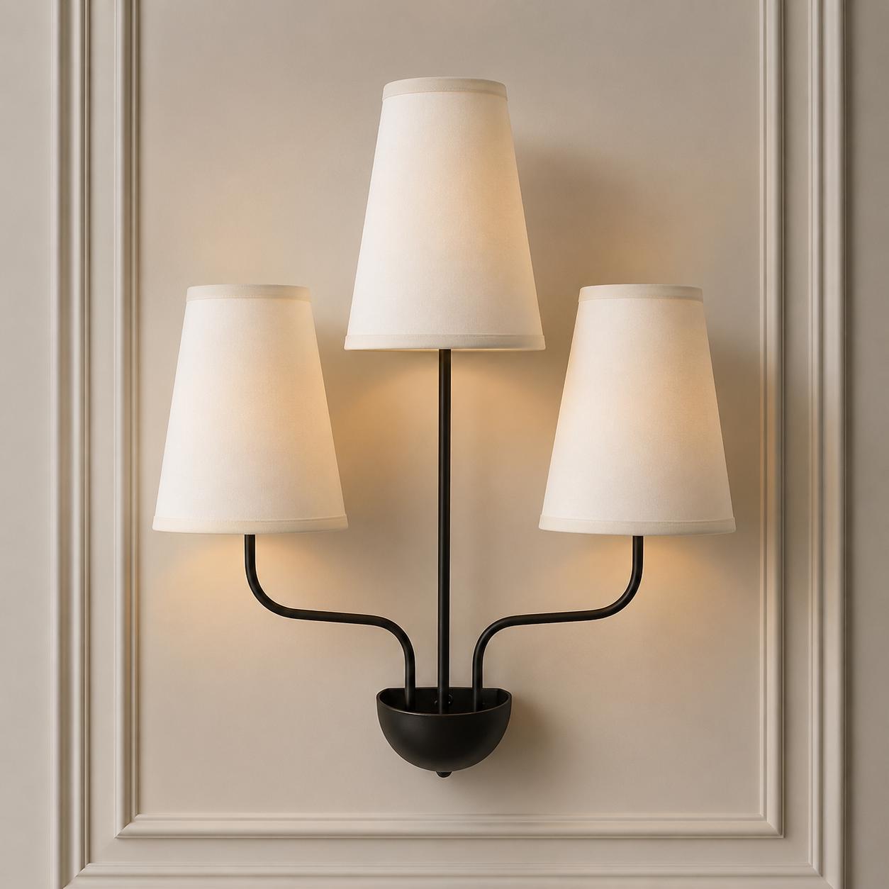 Mid Century Modern 3 Light Wall Sconce, Black Wall Lamp with White Shades, Scandinavian Bedroom Hallway Living Room Lighting