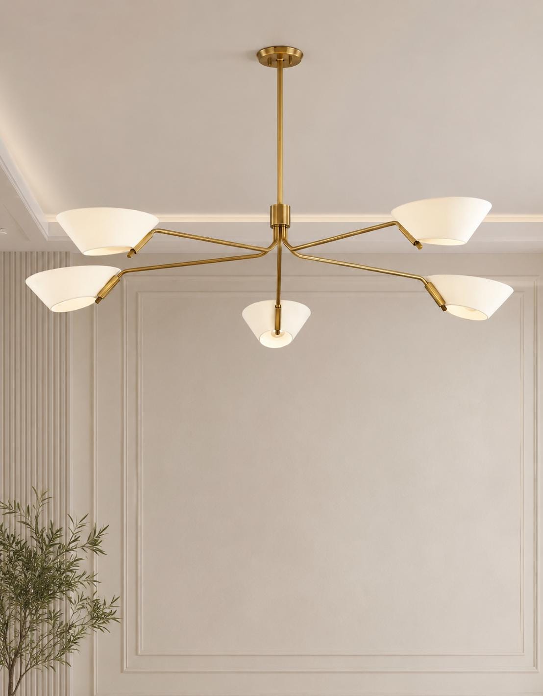 Mid Century Modern Brass Chandelier, 5 Light Stilnovo Ceiling Light, Italian Modern Linear Chandelier, Dining Room Pendant