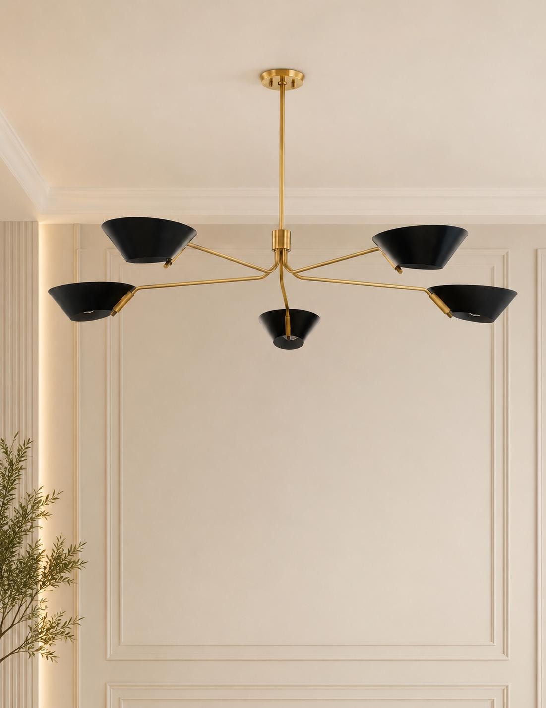 Mid Century Modern Brass Chandelier, 5 Light Stilnovo Ceiling Light, Italian Modern Linear Chandelier, Dining Room Pendant