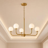 Mid Century Modern Brass Chandelier, 5 Light Globe Chandelier, Modern Ceiling Light, Brass Pendant Light Fixture