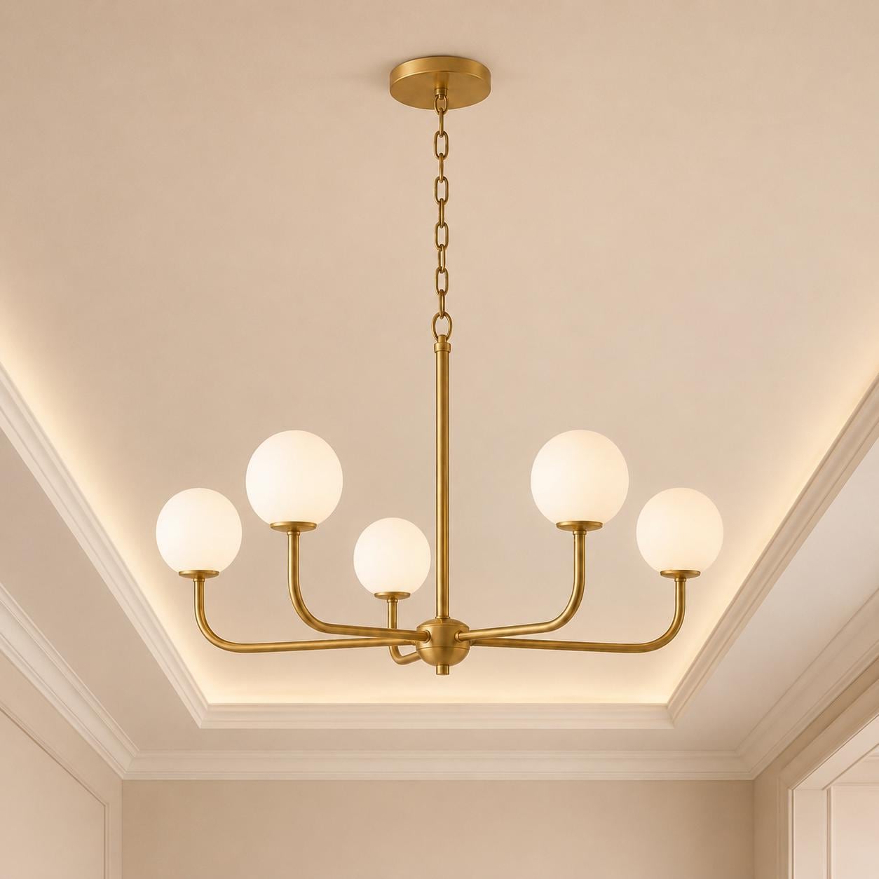 Mid Century Modern Brass Chandelier, 5 Light Globe Chandelier, Modern Ceiling Light, Brass Pendant Light Fixture