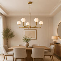 Mid Century Modern Brass Chandelier, 5 Light Globe Chandelier, Modern Ceiling Light, Brass Pendant Light Fixture