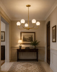 Mid Century Modern Brass Chandelier, 5 Light Globe Chandelier, Modern Ceiling Light, Brass Pendant Light Fixture