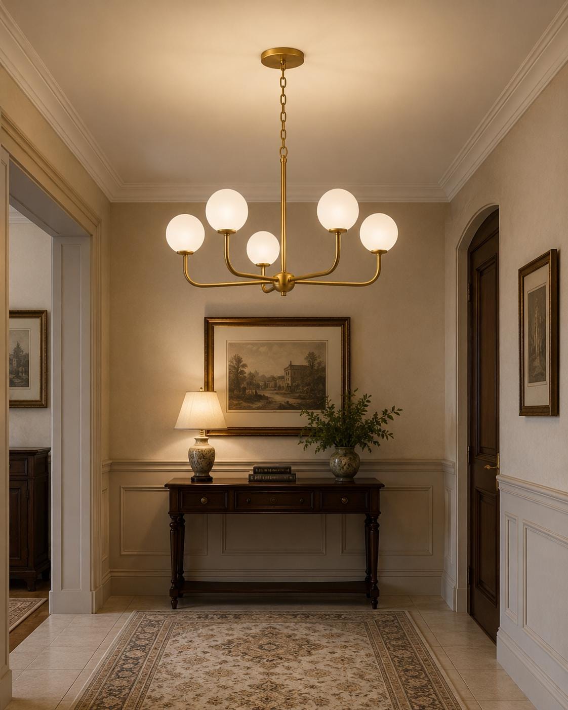 Mid Century Modern Brass Chandelier, 5 Light Globe Chandelier, Modern Ceiling Light, Brass Pendant Light Fixture