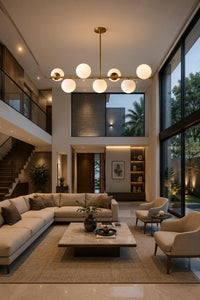Modern Brass Globe Chandelier, Mid Century Modern Linear Pendant Light, 7 Light Milk Glass Ceiling Fixture for Dining Room