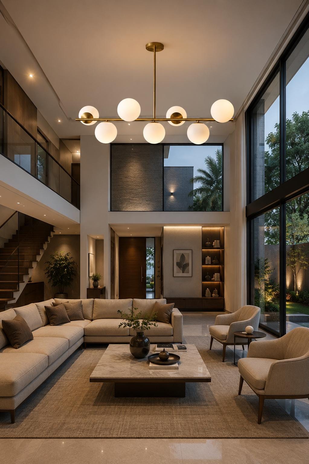Modern Brass Globe Chandelier, Mid Century Modern Linear Pendant Light, 7 Light Milk Glass Ceiling Fixture for Dining Room