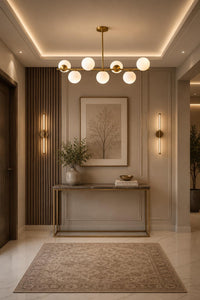 Modern Brass Globe Chandelier, Mid Century Modern Linear Pendant Light, 7 Light Milk Glass Ceiling Fixture for Dining Room