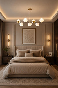 Modern Brass Globe Chandelier, Mid Century Modern Linear Pendant Light, 7 Light Milk Glass Ceiling Fixture for Dining Room