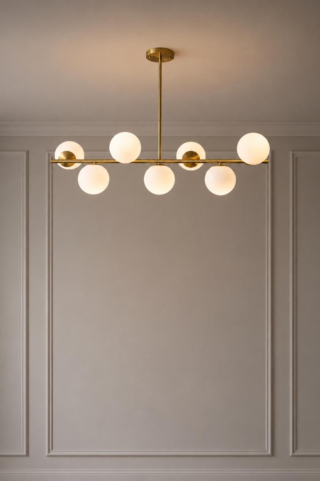 Modern Brass Globe Chandelier, Mid Century Modern Linear Pendant Light, 7 Light Milk Glass Ceiling Fixture for Dining Room