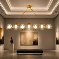 Modern Brass Linear Chandelier, 7 Light Glass Globe Pendant Light, Mid Century Modern Dining Room Island Lighting Fixture