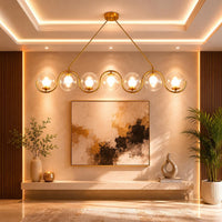 Modern Brass Linear Chandelier, 7 Light Glass Globe Pendant Light, Mid Century Modern Dining Room Island Lighting Fixture