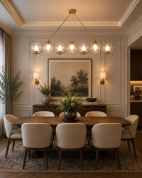 Modern Brass Linear Chandelier, 7 Light Glass Globe Pendant Light, Mid Century Modern Dining Room Island Lighting Fixture
