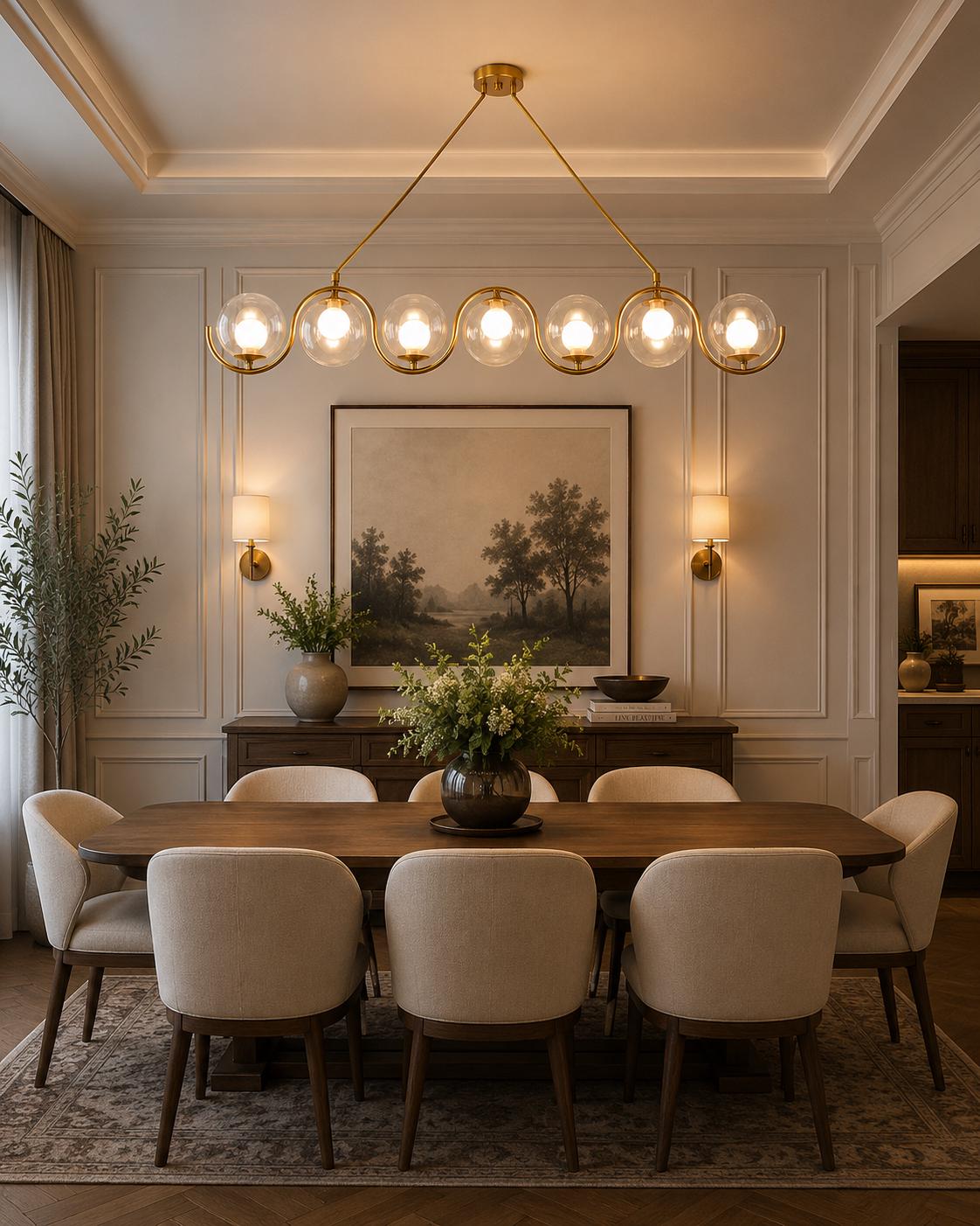 Modern Brass Linear Chandelier, 7 Light Glass Globe Pendant Light, Mid Century Modern Dining Room Island Lighting Fixture