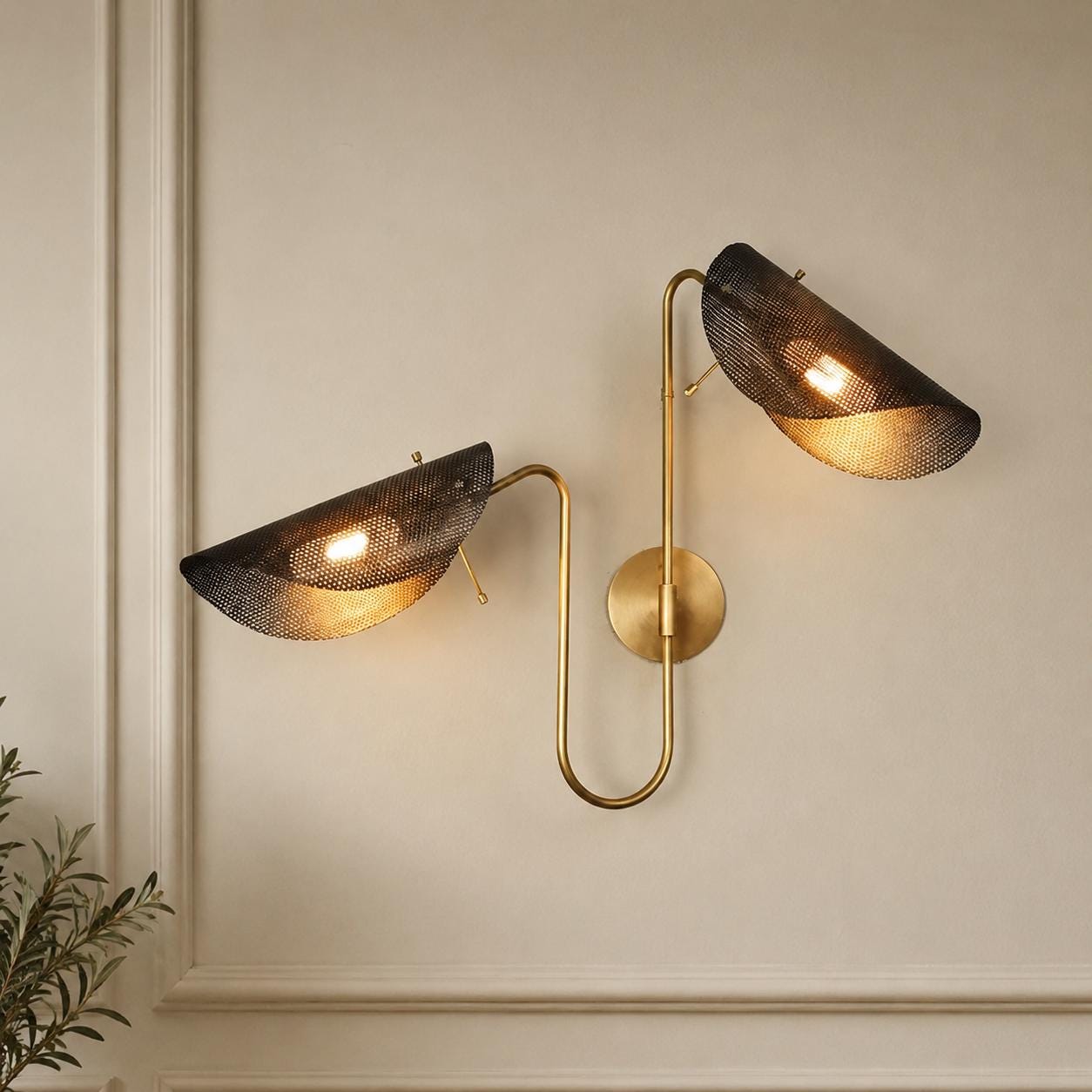 Modern Brass Double Wall Sconce, Mid Century Modern Wall Light, Adjustable Dual Shade Wall Lamp, Luxury Bedroom Hallway Lighting