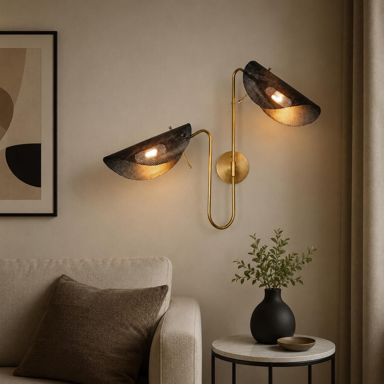 Modern Brass Double Wall Sconce, Mid Century Modern Wall Light, Adjustable Dual Shade Wall Lamp, Luxury Bedroom Hallway Lighting