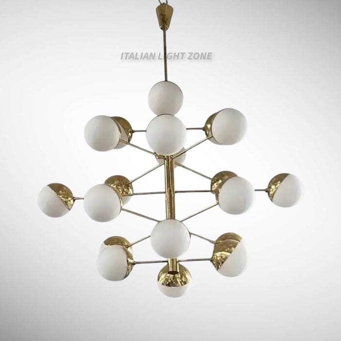 Stilnovo Style Chandelier Mid Century Modern Brass Globe Chandelier Italian Modern Ceiling Light Opal Glass Pendant