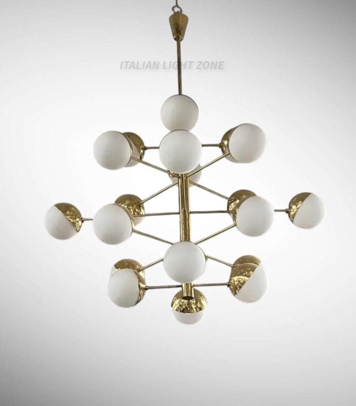 Stilnovo Style Chandelier Mid Century Modern Brass Globe Chandelier Italian Modern Ceiling Light Opal Glass Pendant