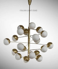 Stilnovo Style Chandelier Mid Century Modern Brass Globe Chandelier Italian Modern Ceiling Light Opal Glass Pendant