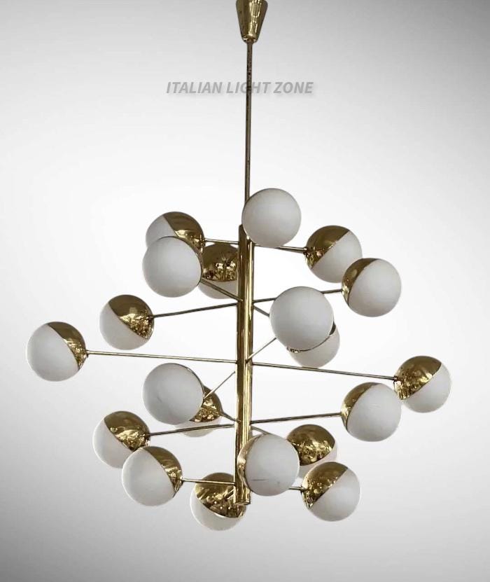 Stilnovo Style Chandelier Mid Century Modern Brass Globe Chandelier Italian Modern Ceiling Light Opal Glass Pendant