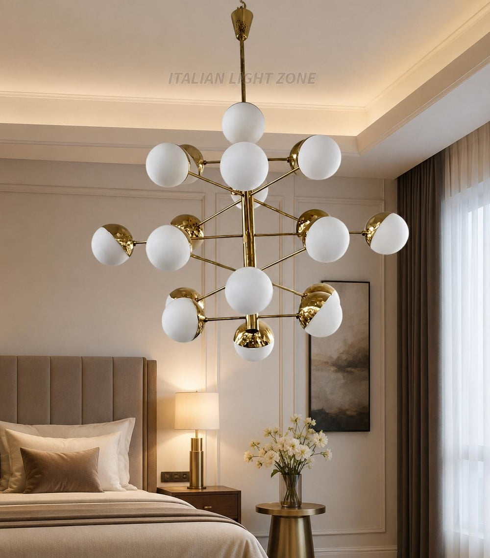Stilnovo Style Chandelier Mid Century Modern Brass Globe Chandelier Italian Modern Ceiling Light Opal Glass Pendant