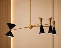 Mid Century Modern Brass Chandelier, Stilnovo Linear Ceiling Light, Black Cone Shade Pendant, Italian Sputnik Dining Room Lighting