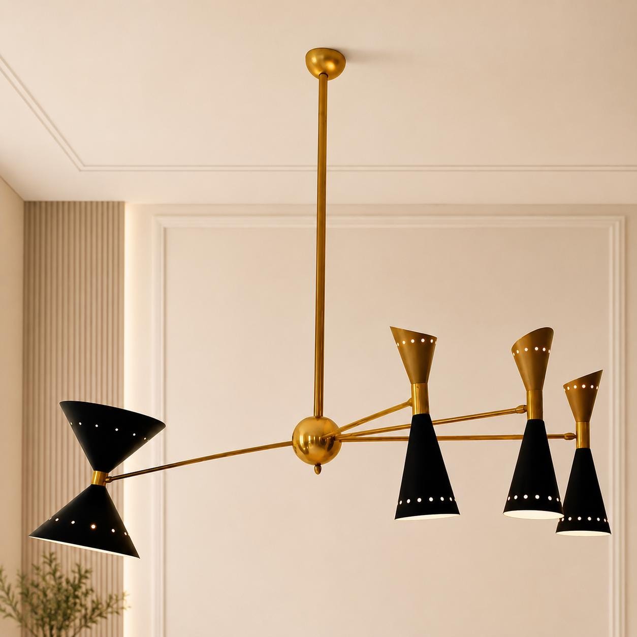 Mid Century Modern Brass Chandelier, Stilnovo Linear Ceiling Light, Black Cone Shade Pendant, Italian Sputnik Dining Room Lighting