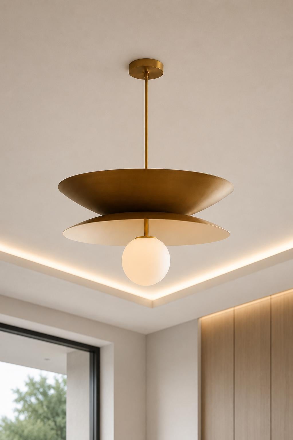 Modern Brass Pendant Light, Mid Century Modern Hanging Lamp, Scandinavian Opal Globe Ceiling Light, Kitchen Island Chandelier