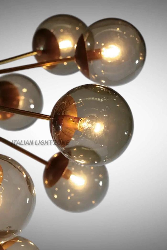 1950s Mid Century Modern Brass Smoked Glass Sputnik Chandelier | Retro Ceiling Light Pendant Lighting for Dining Room, Bedroom & Living Room