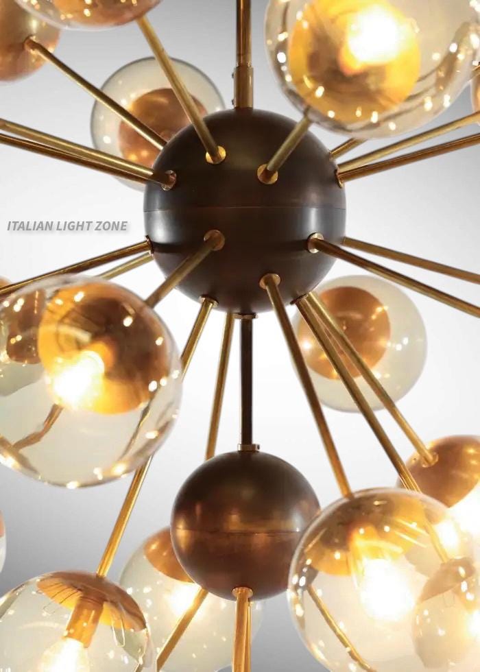 1950s Mid Century Modern Brass Smoked Glass Sputnik Chandelier | Retro Ceiling Light Pendant Lighting for Dining Room, Bedroom & Living Room