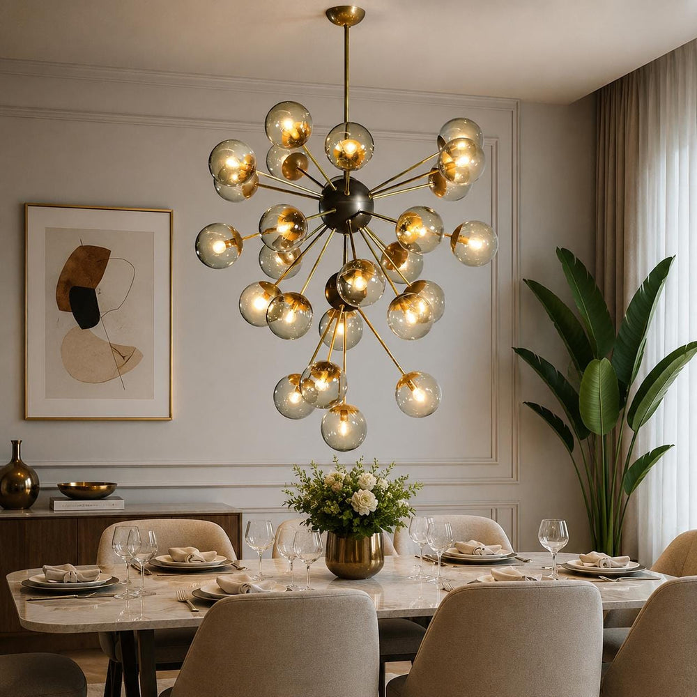 1950s Mid Century Modern Brass Smoked Glass Sputnik Chandelier | Retro Ceiling Light Pendant Lighting for Dining Room, Bedroom & Living Room