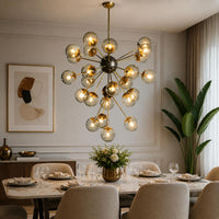1950s Mid Century Modern Brass Smoked Glass Sputnik Chandelier | Retro Ceiling Light Pendant Lighting for Dining Room, Bedroom & Living Room