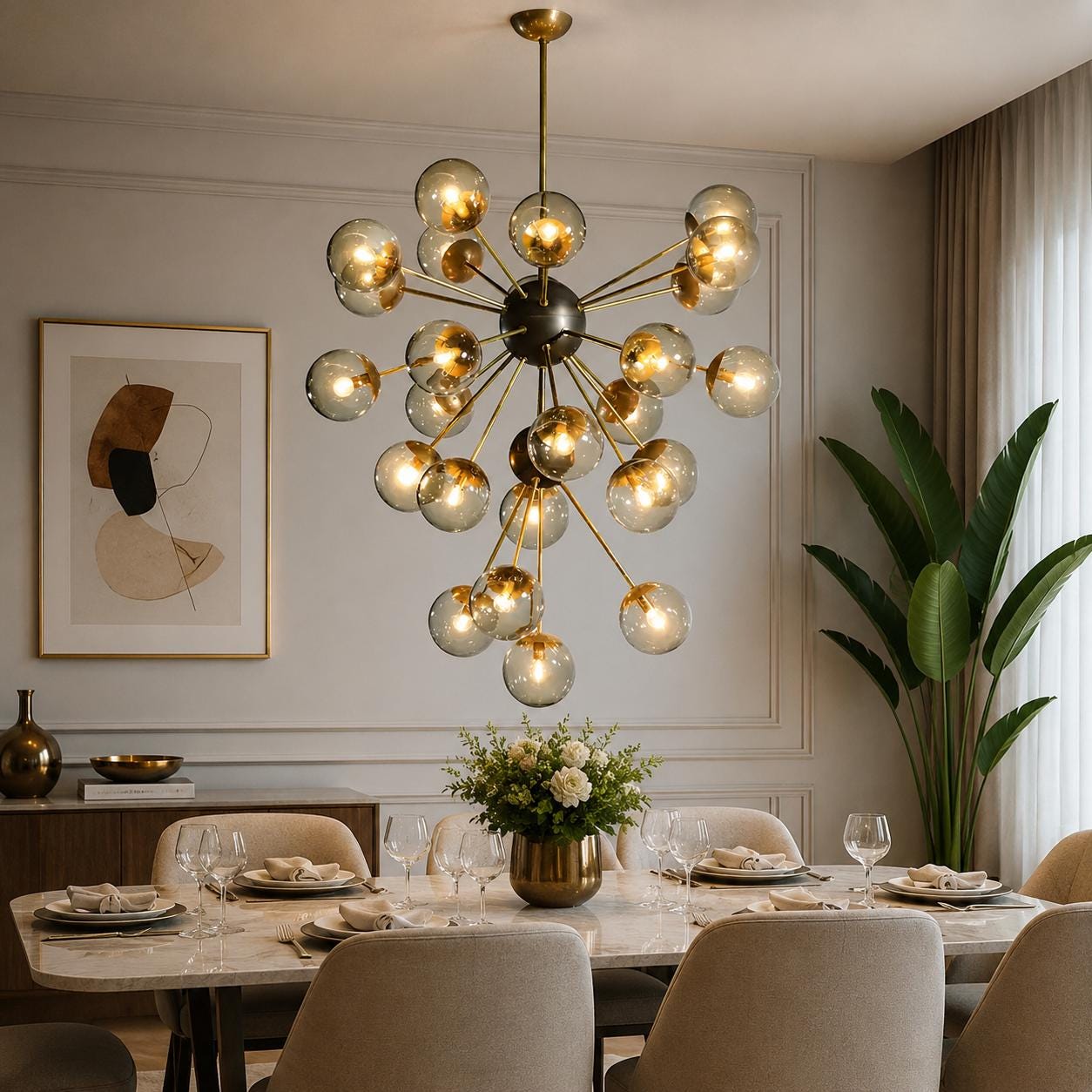 1950s Mid Century Modern Brass Smoked Glass Sputnik Chandelier | Retro Ceiling Light Pendant Lighting for Dining Room, Bedroom & Living Room