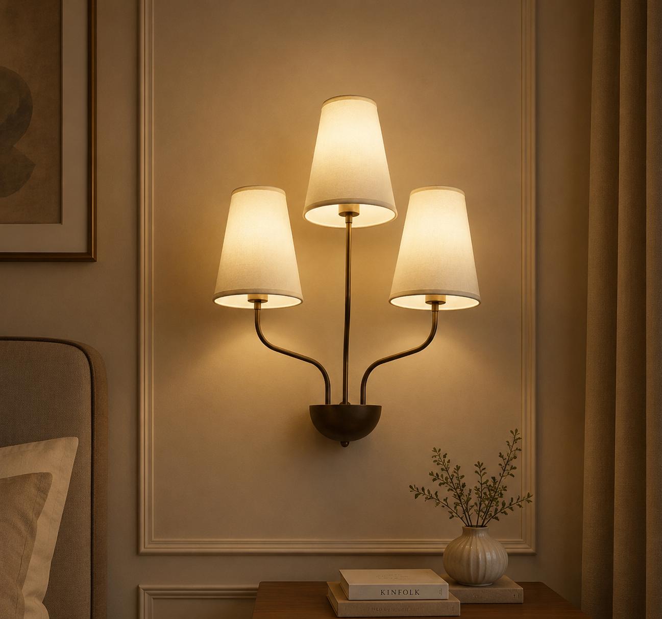 Mid Century Modern 3 Light Wall Sconce, Black Wall Lamp with White Shades, Scandinavian Bedroom Hallway Living Room Lighting