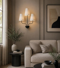 Mid Century Modern 3 Light Wall Sconce, Black Wall Lamp with White Shades, Scandinavian Bedroom Hallway Living Room Lighting