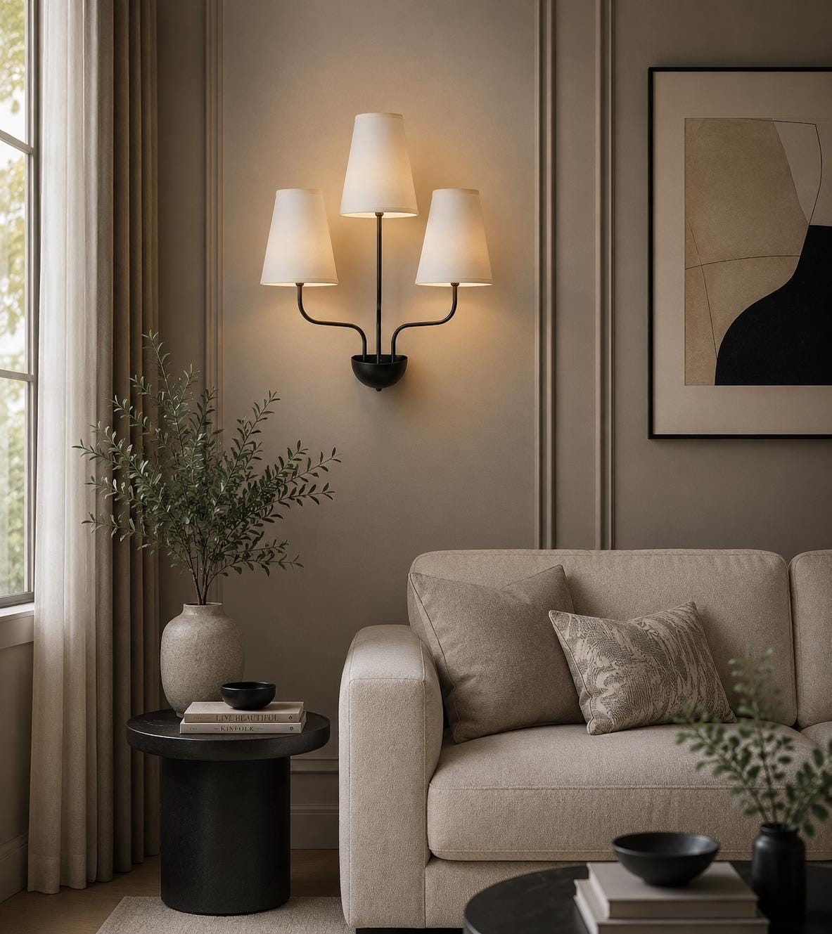 Mid Century Modern 3 Light Wall Sconce, Black Wall Lamp with White Shades, Scandinavian Bedroom Hallway Living Room Lighting