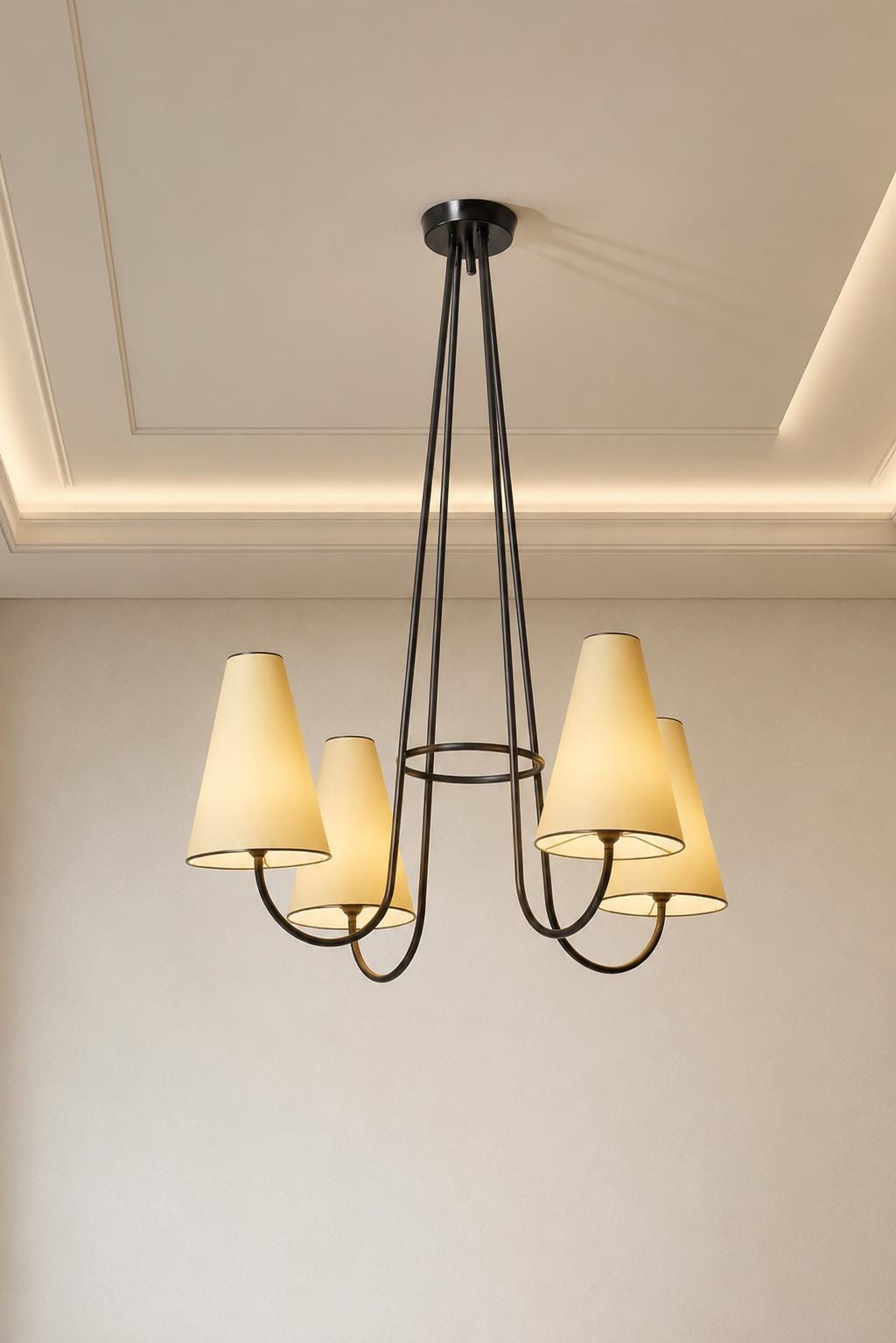 Mid Century Modern 4 Light Chandelier, Black Metal Ceiling Light, Cone Shade Pendant lamp Modern Dining Room Lighting Fixture